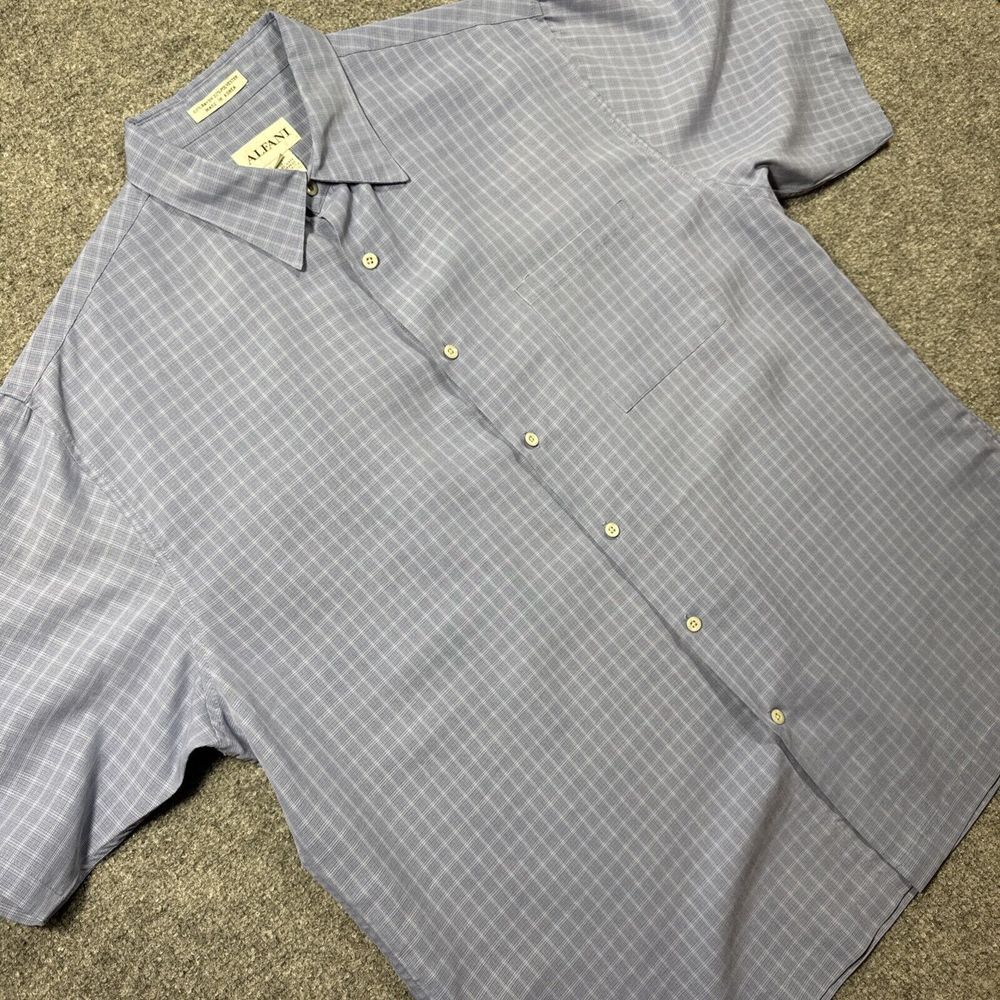Alfani XL Rayon Shirt Office Career Work Church Short Sleeves Blue Checkered‎